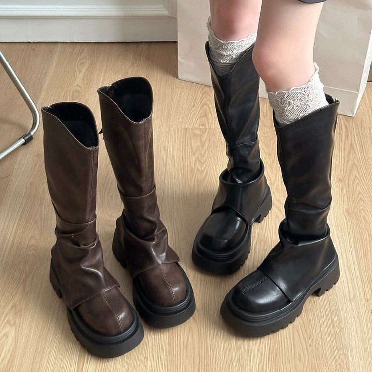 厚底长筒靴子女2025新款秋冬季显瘦高筒靴v口裤管靴堆堆靴骑士靴