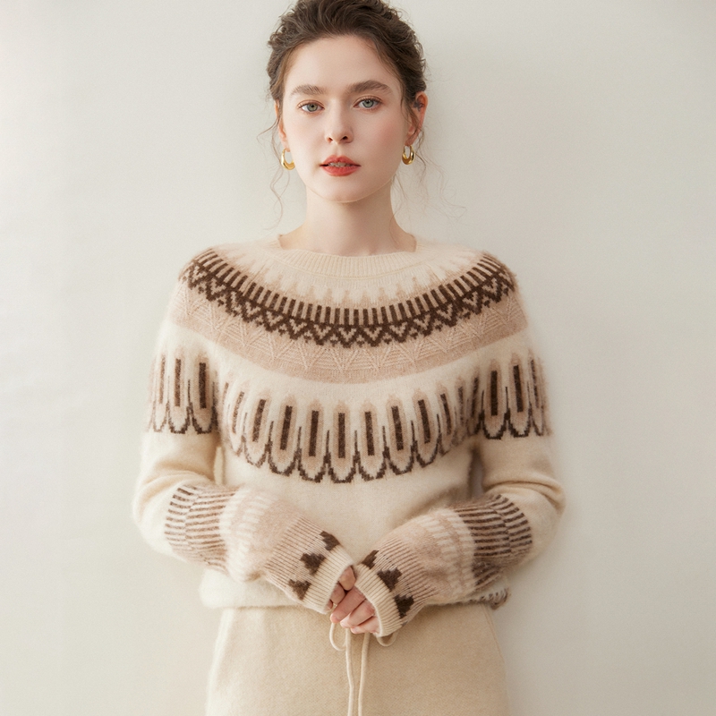 费尔岛提花圆领羊绒衫女针织提花加厚毛衣新秋冬宽松内搭打底上衣