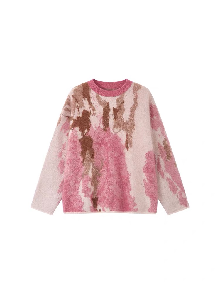 【珊瑚拉绒】油画感鼎奢芝麻点提花羊毛羊绒圆领女秋冬2690