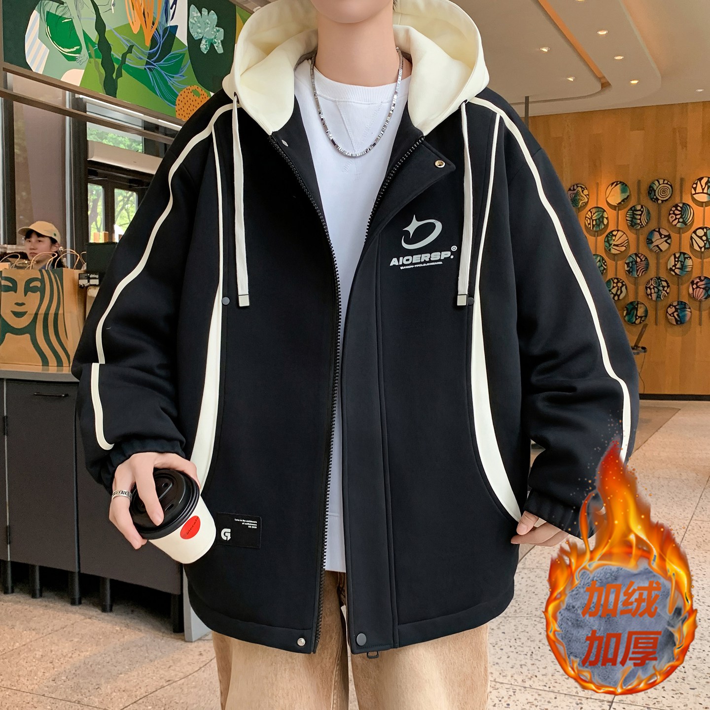 2025秋冬季加绒加厚款韩式连帽加绒连帽夹克加绒秋冬季青少年外套