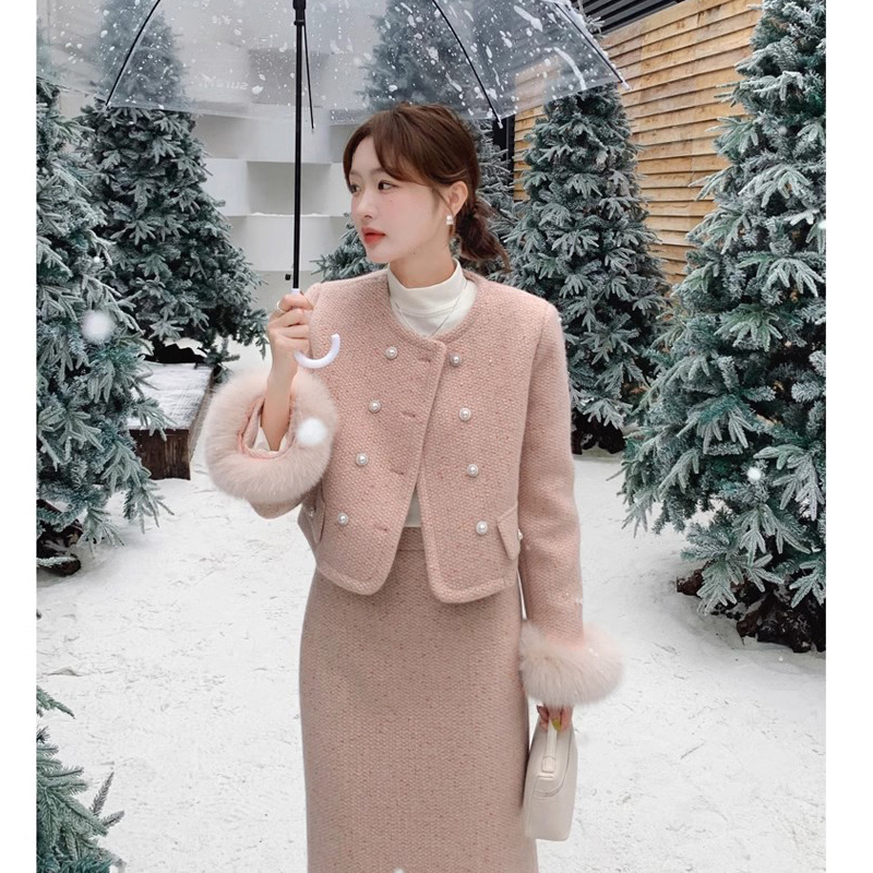 加绒 【安娜】大码女装冬季新款气质小香风套装显瘦长袖两件套