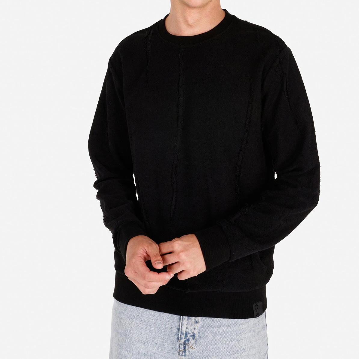 外贸男士不规则时尚黑色圆领针织卫衣套头衫长袖男款打底衫5598