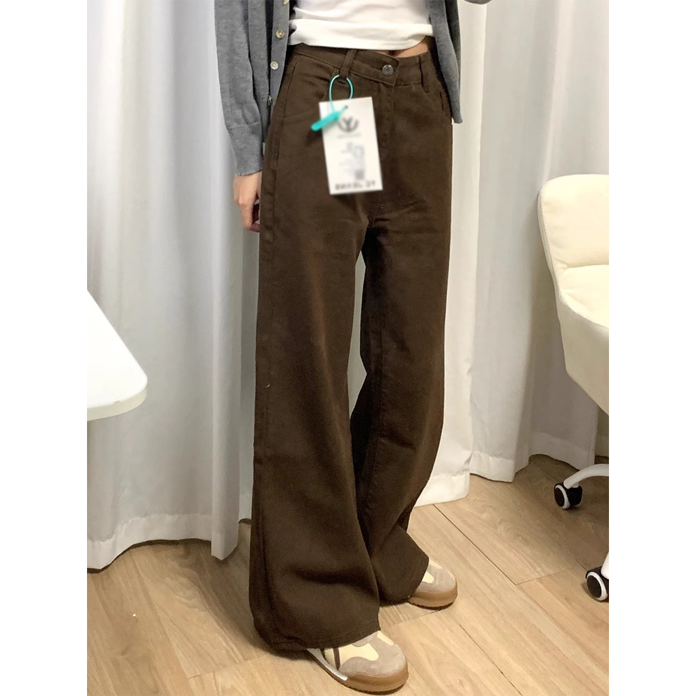 美拉德咖色牛仔裤女高腰宽松阔腿显瘦窄版直筒拖地裤子春秋季新款