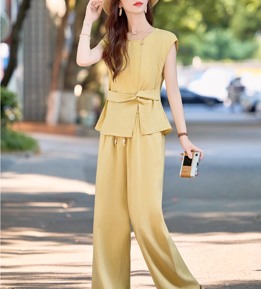 亚麻套装女2025夏季新款设计感无袖高腰阔腿裤显瘦两件套25C009