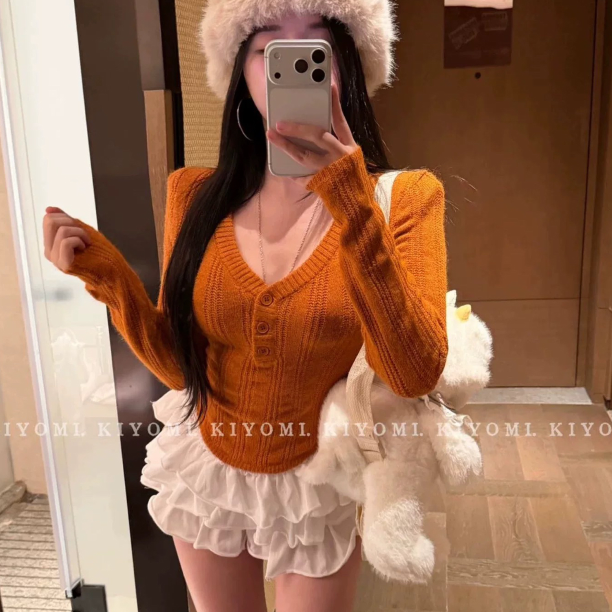 【纯欲美学】韩系V领收腰长袖修身显瘦针织打底上衣