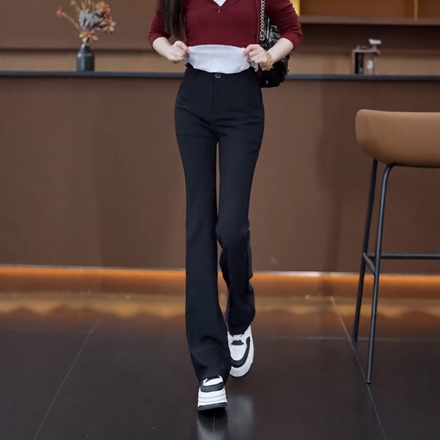 巨帛微喇裤女2025春季新款显瘦小个子休闲裤高弹黑色喇叭西装裤子