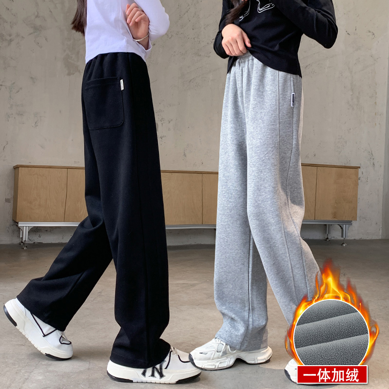 女童裤子秋冬款宽松直筒运动裤大童女孩加绒加厚卫裤儿童阔腿裤潮