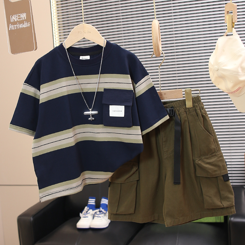 童装男童夏装套装2025新款儿童条纹短袖两件套薄夏季薄款宽松帅气