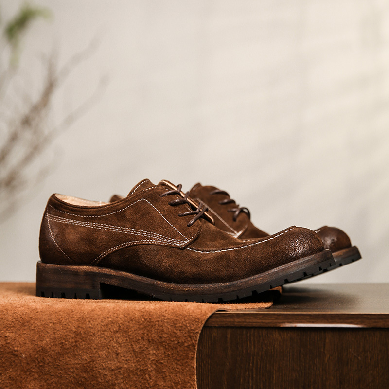 男士手工皮鞋低帮工装鞋水洗马皮翻毛低帮单鞋休闲鞋英伦风固特异