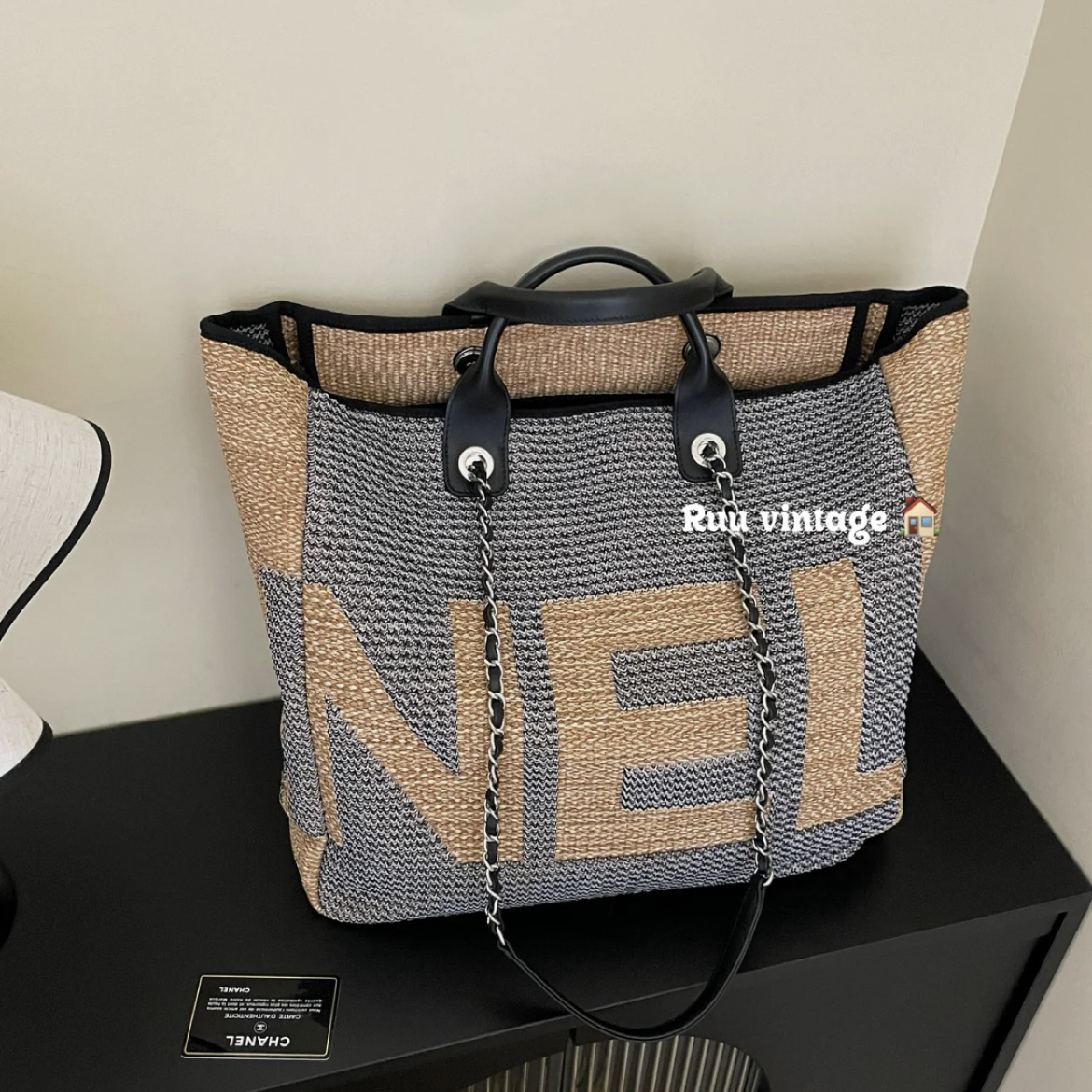 95新 Chanel/香奈儿 黑银草编字母logo沙滩包 6762