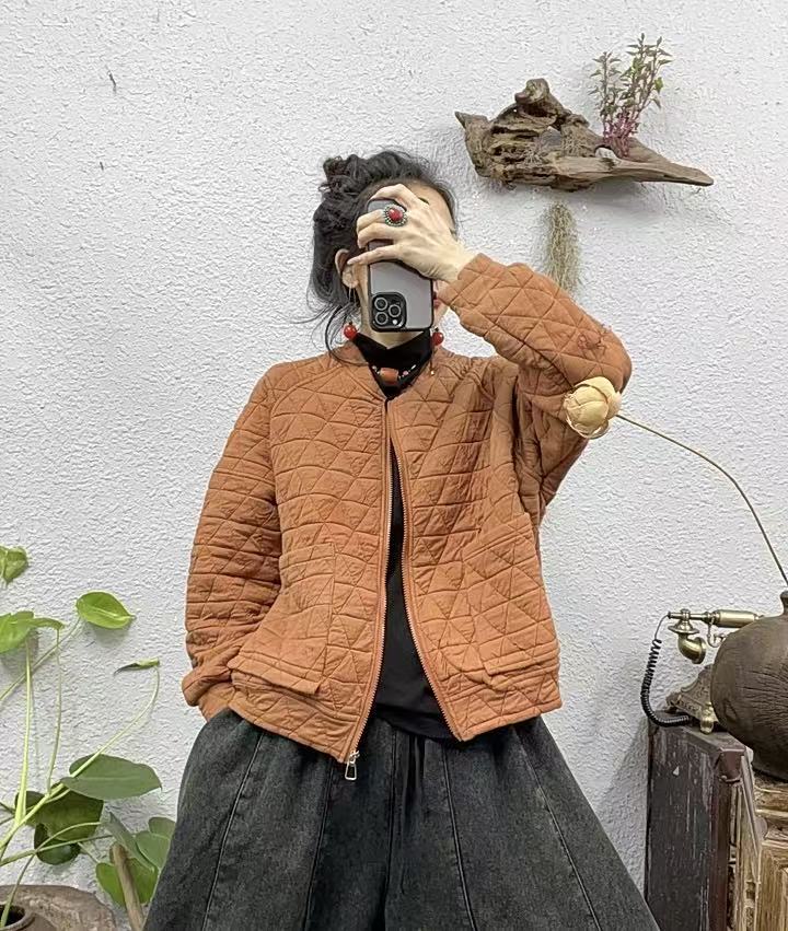 9237夹棉菱形压棒球领大口袋拉链外套（长56胸围126