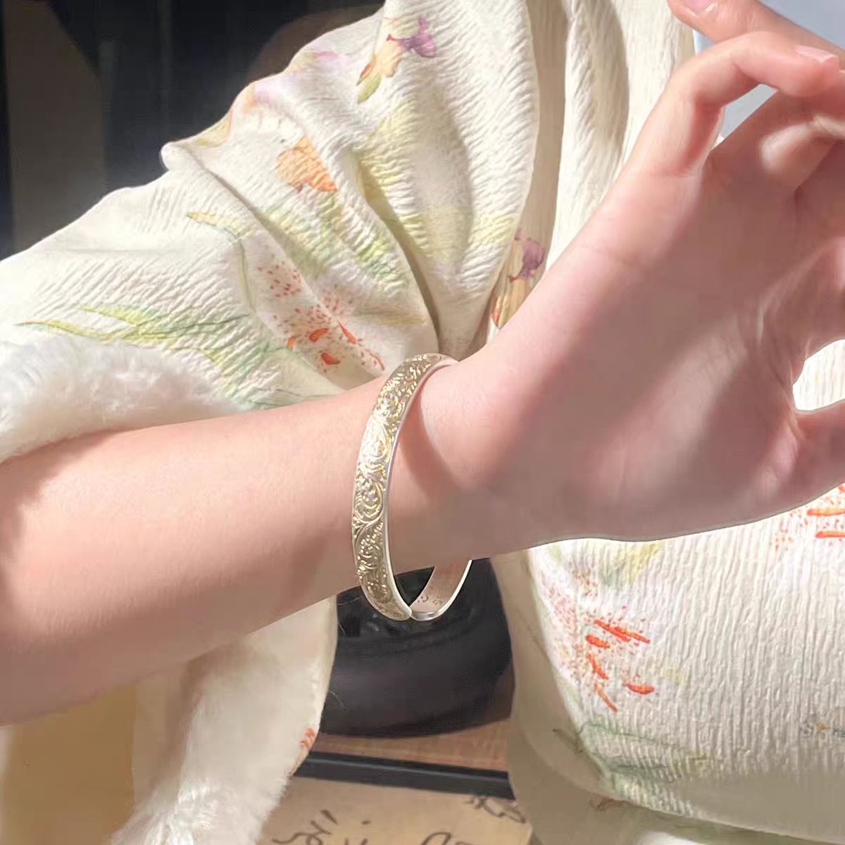 珐琅手链 21号-宝相花卷草纹999.9 【开口】时尚百搭简约