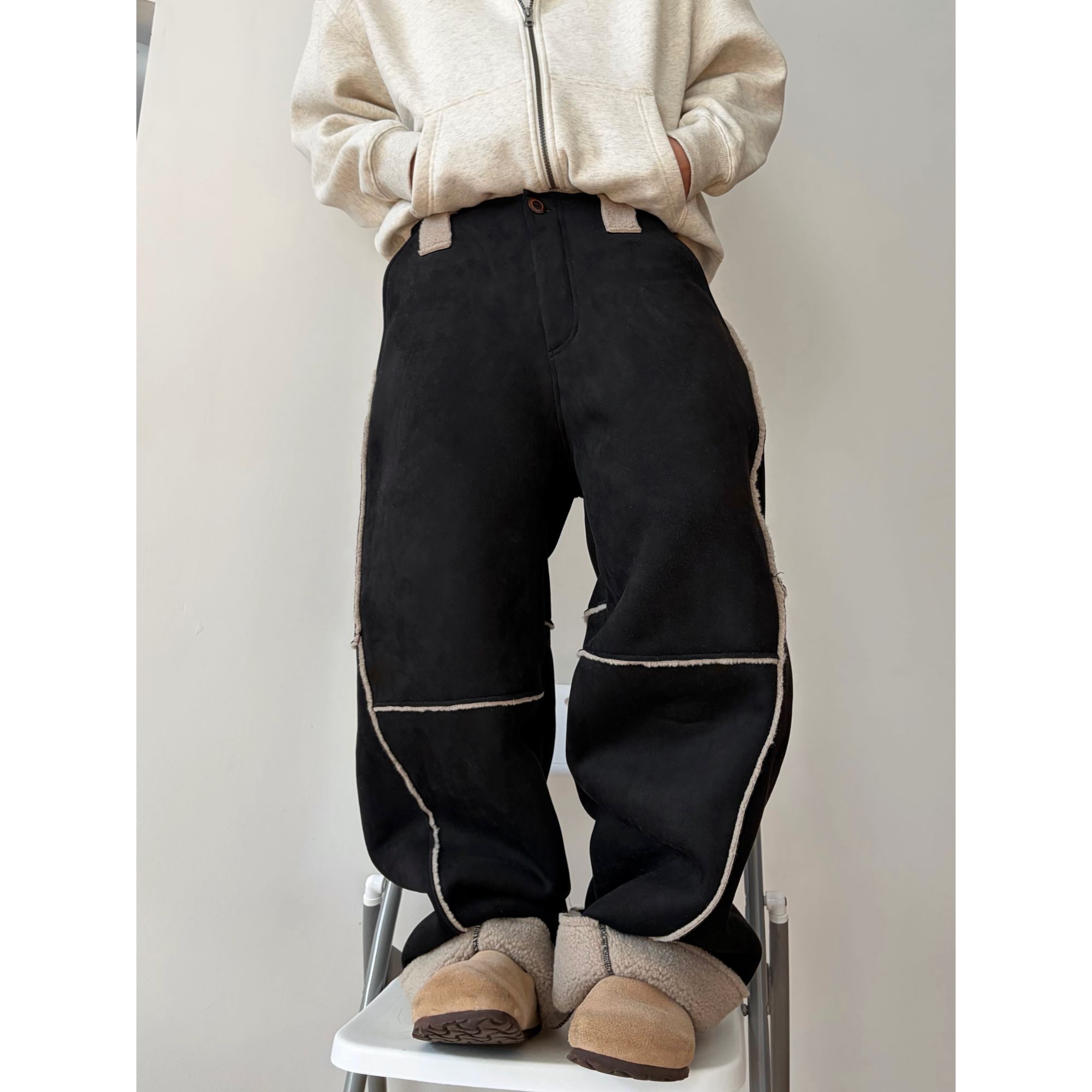 dannyandzee冬季百搭复古重磅加绒加厚保暖皮毛一体休闲长裤898