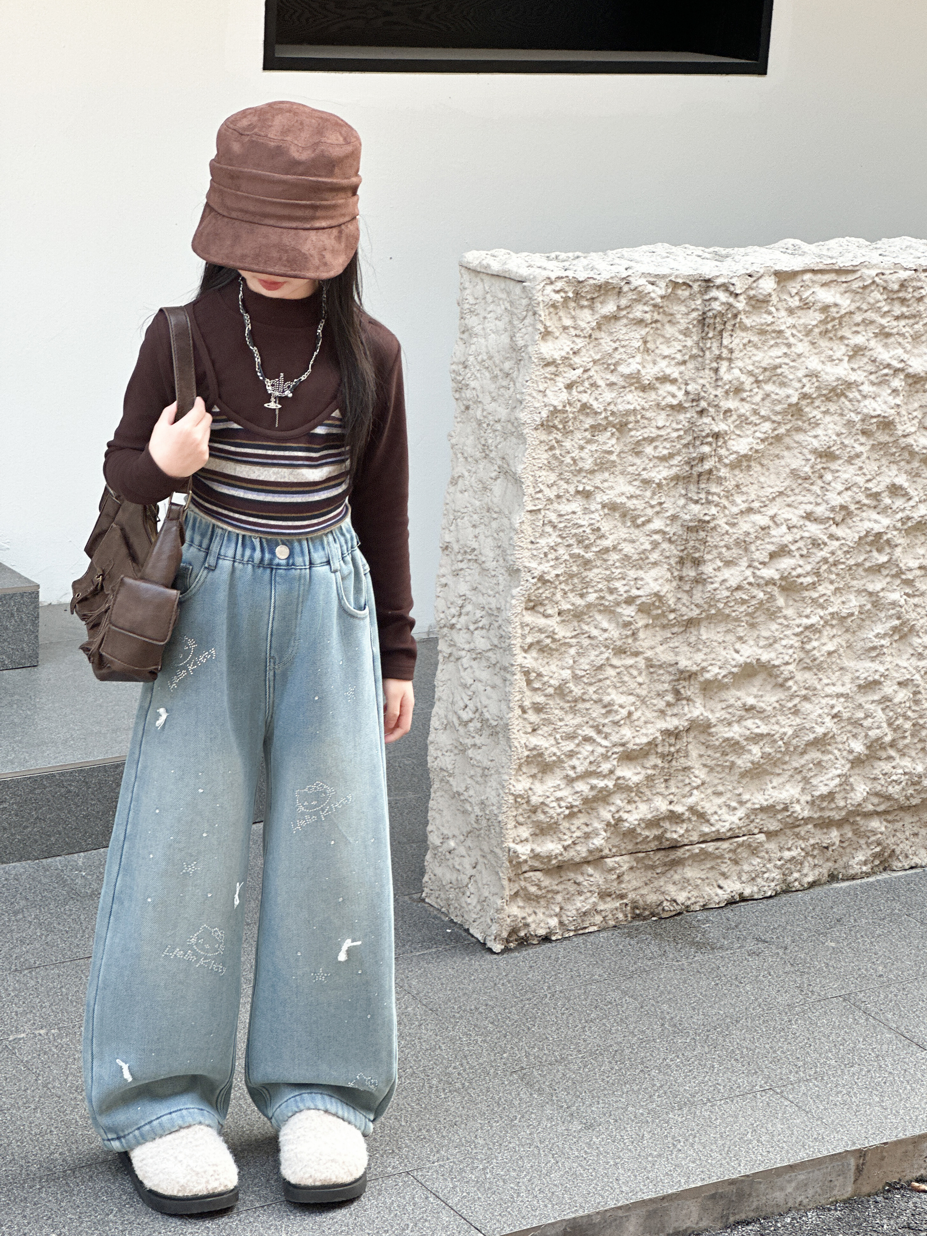 ADAM女童烫钻加绒直筒牛仔裤2025冬季新款修身直筒裤