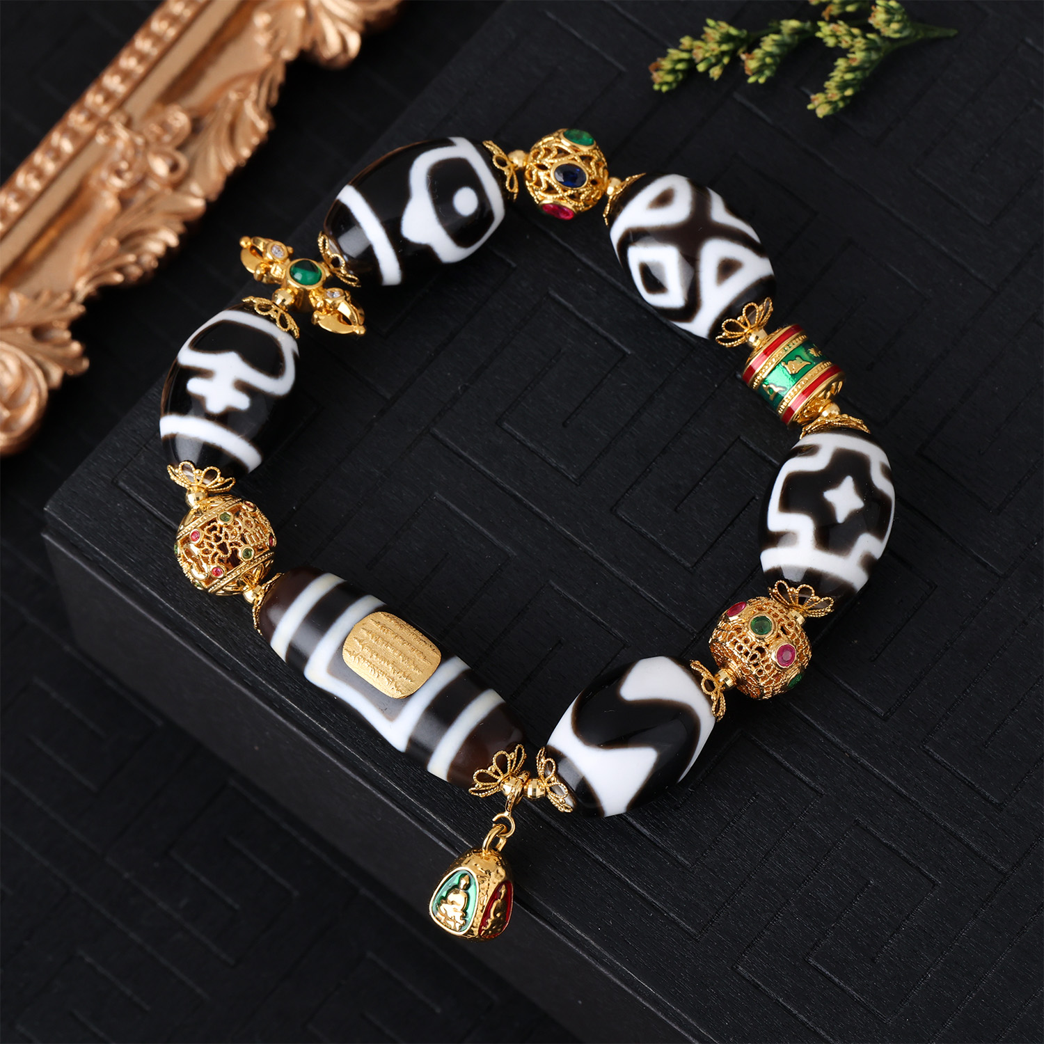 【来福原创】18k金五条经文天圆地方＋财神＋宝瓶＋虎牙。。天然玛瑙手串