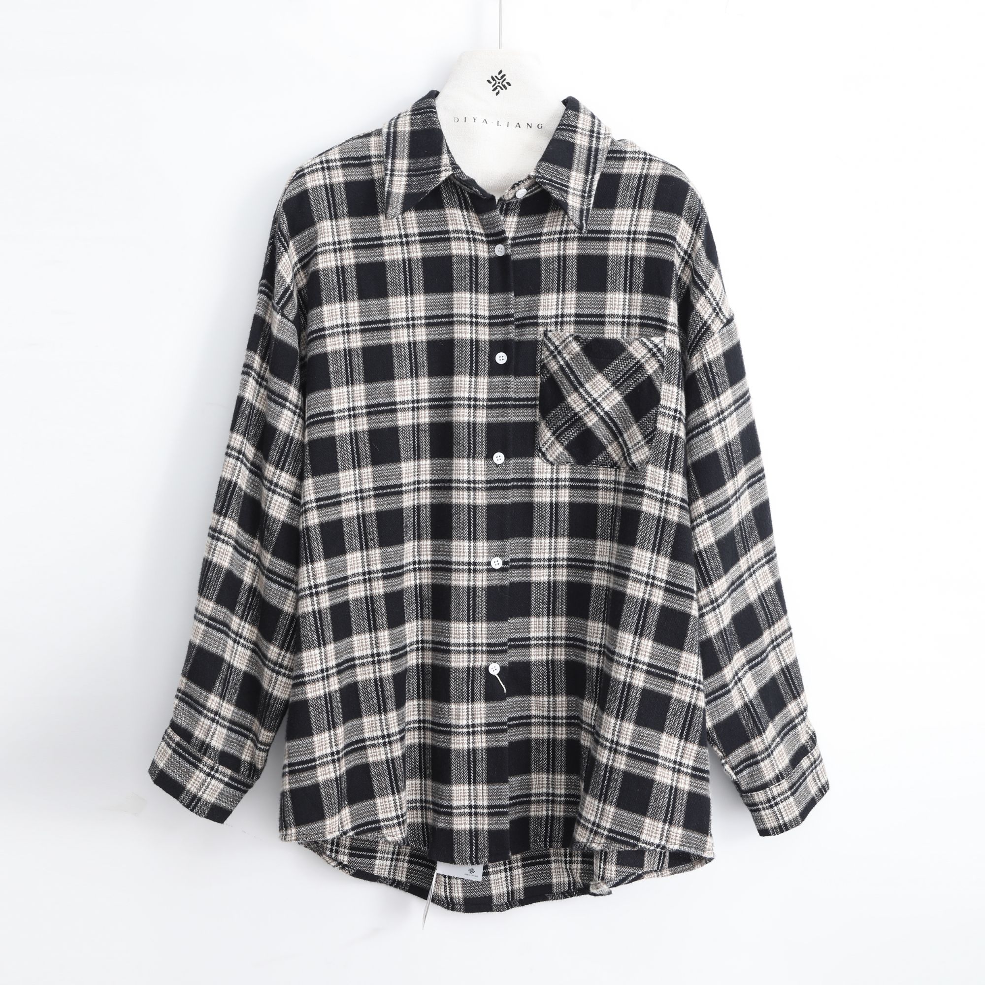 保暖格纹衬衫袖复古格纹衬衫秋冬黑色时尚春季XX3D742185