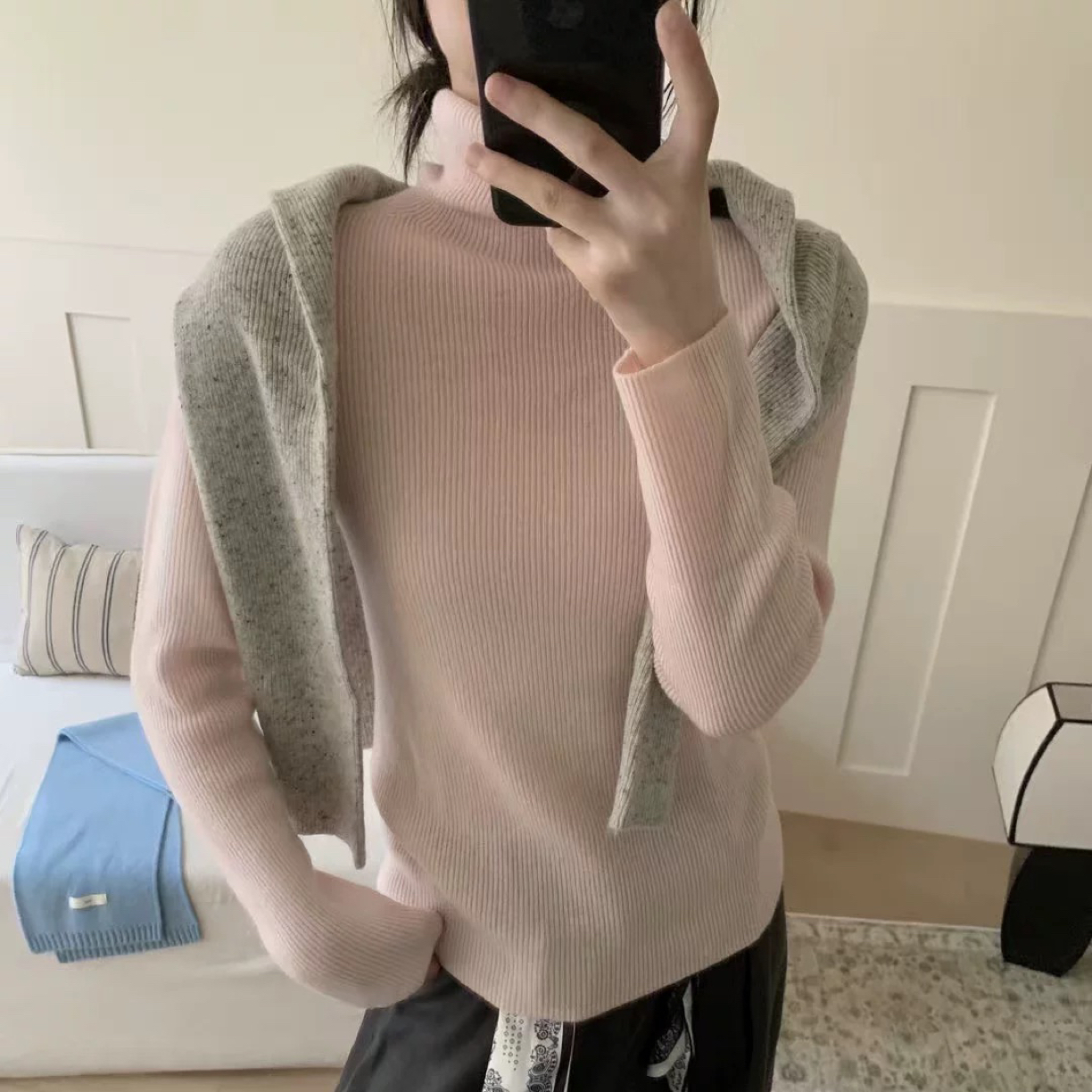 在韩 冬季新款樱花粉高领毛衣