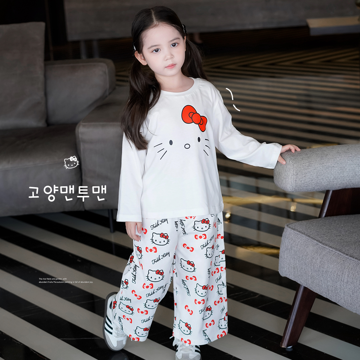 AnnieGirl女童秋季新款甜美可爱卡通KT猫T恤直筒裤套装2025秋款