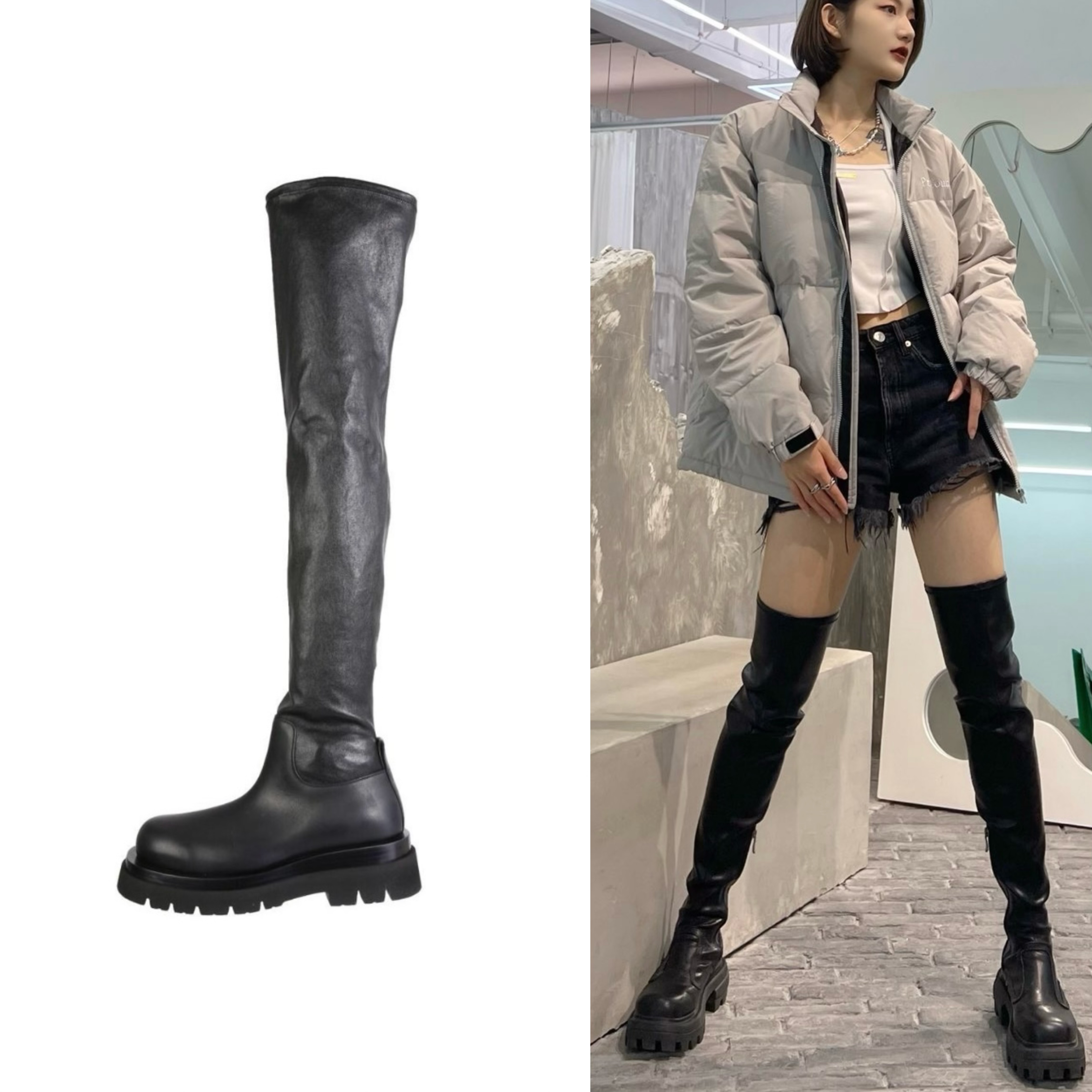未使用 BOTTEGA VENETA/葆蝶家 bv女士厚底黑色牛皮过膝靴
