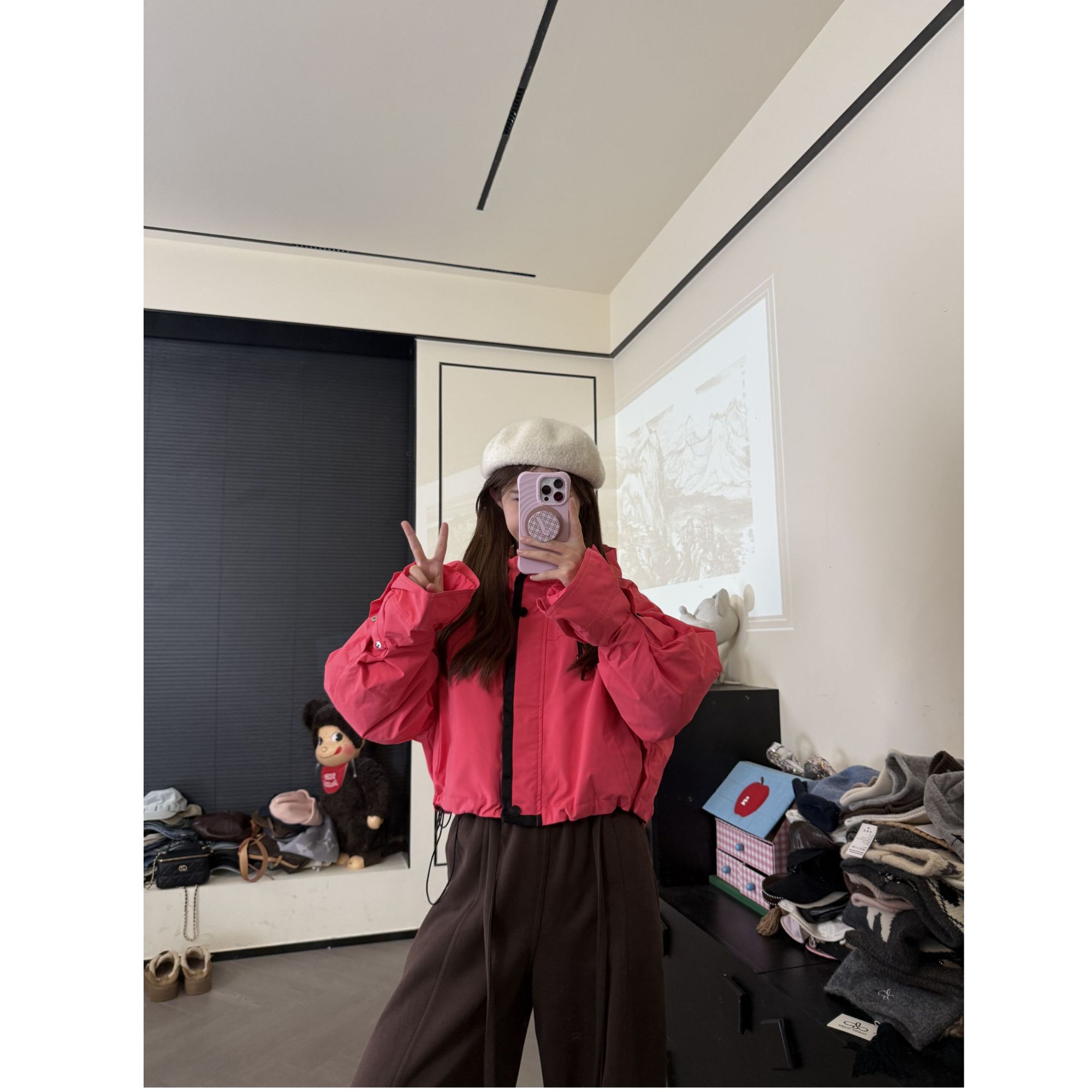 【Xiao Fu】显白休闲百搭帽子可收短款冲锋羽绒