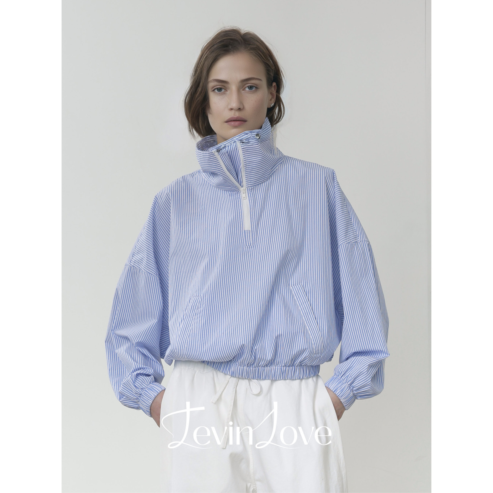  蓝色条纹长袖衬衫 LEVIN LOVE 设计师款A019YH548A【现货】