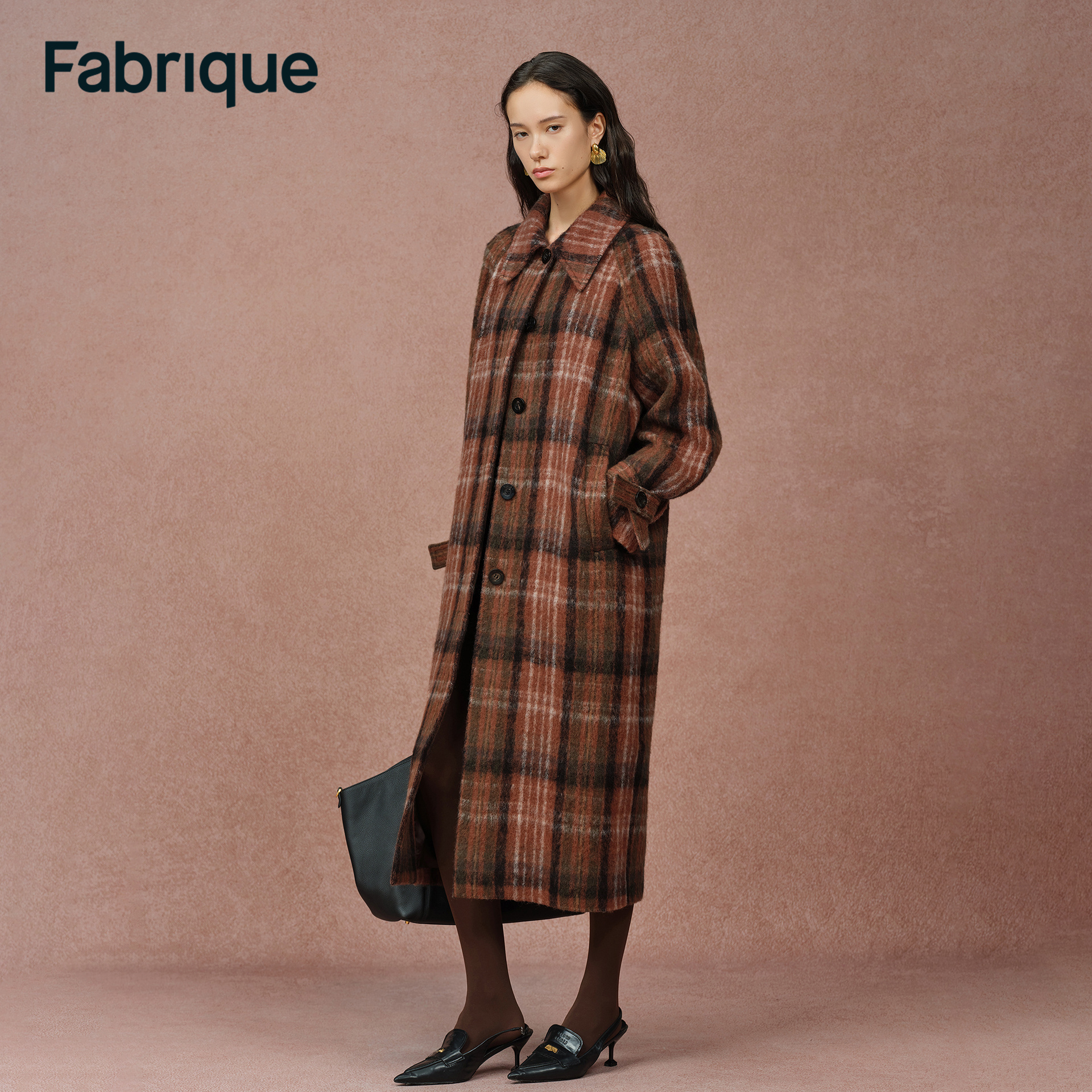 Fabrique Cristha 落日橘棕格纹绵羊毛马海毛翻领微茧型长款大衣