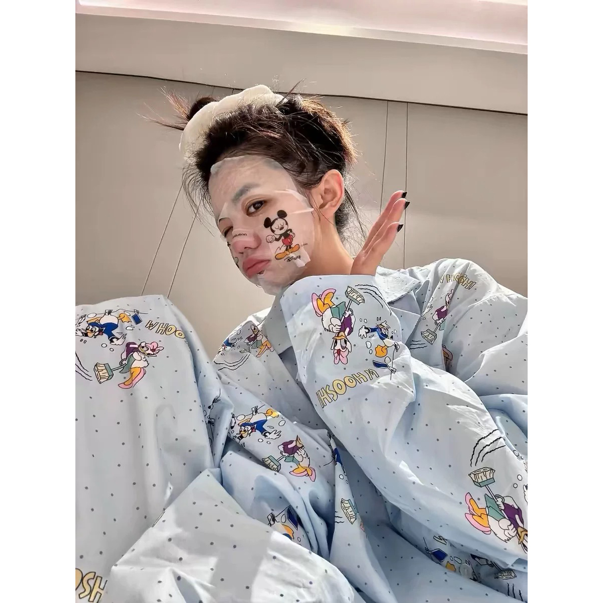 韩系波点唐老鸭长袖睡衣女春秋2025新款卡通云朵棉长裤家居服套装