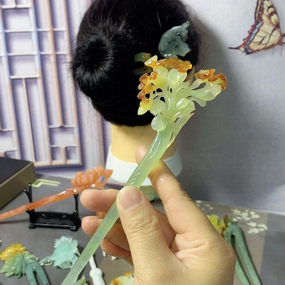 岫玉岫玉发簪未镶嵌雪*兰