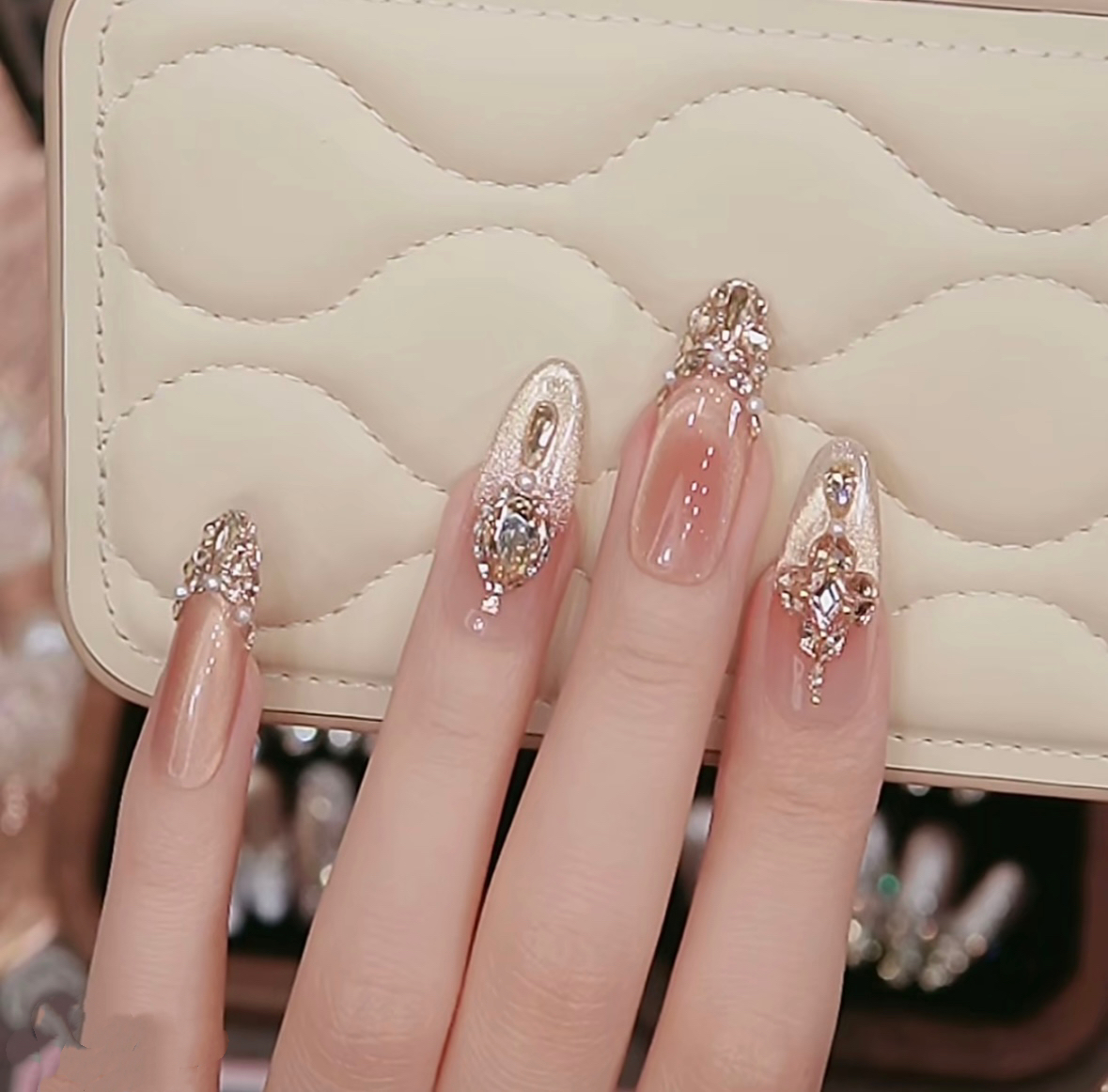 【箔金絮语】纯手工穿戴甲猫眼光疗立体锆石钻爆闪满钻纯手作美甲片