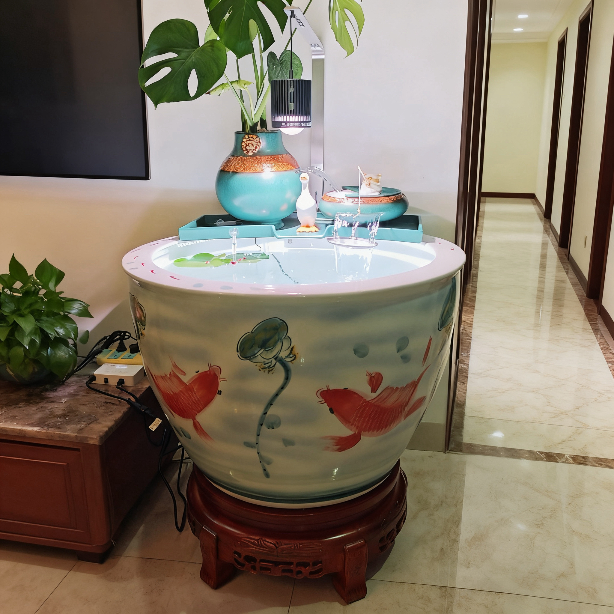 景德镇雕刻红鲤大缸+帝王绿流水（含水泵）+鸡翅木底座+开缸套餐