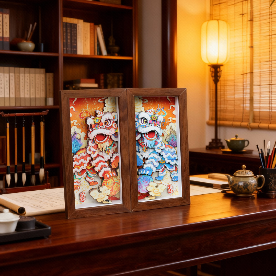 红蓝醒狮剪纸立体桌面摆台画中式国潮文创装饰画