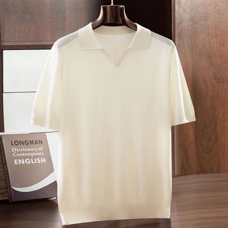 康赛妮夏季精纺桑蚕丝短袖男士海鸥领薄款翻领半袖蜂窝针宽松T恤