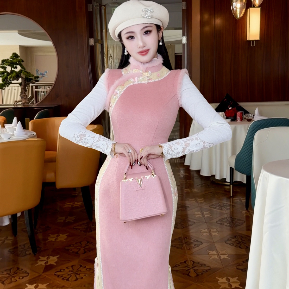 【媛珠 杏粉迎春旗袍】重工羊毛刺绣时尚套装秋冬收腰国风显瘦长款