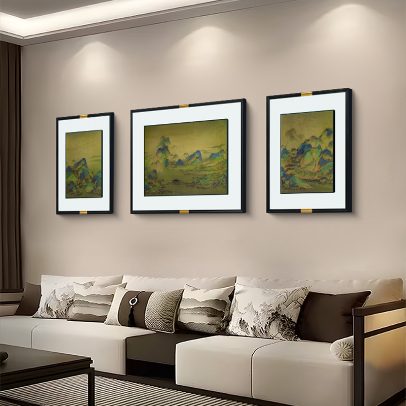新中式实木框客厅装饰画 沙发背景三联画办公室画千里江山图80220
