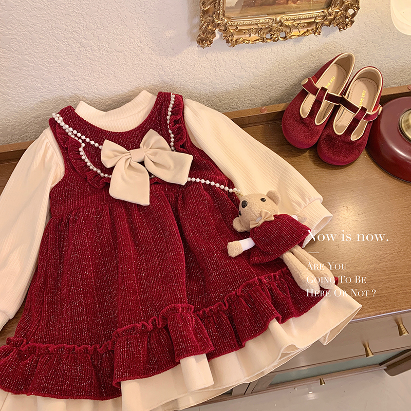 【本妈】“甜心女孩”女童加绒打底+加绒蝴蝶结无袖裙套装X2359 29'9