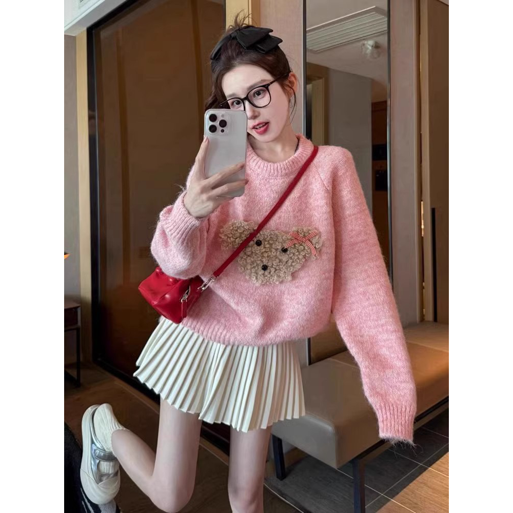 超好看宽松韩系慵懒风甜美减龄卡通粉色毛衣女秋冬内搭针织衫上衣