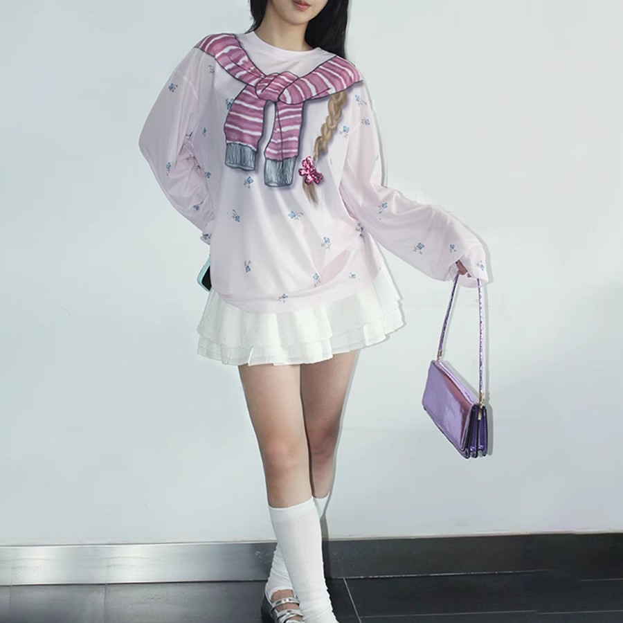 T恤秋季森系修身型制服春季印花短款长袖少女风日系