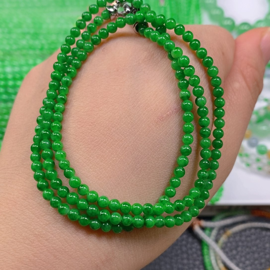翡翠颈饰未镶嵌冰种阳绿小米珠项链3.5m' m