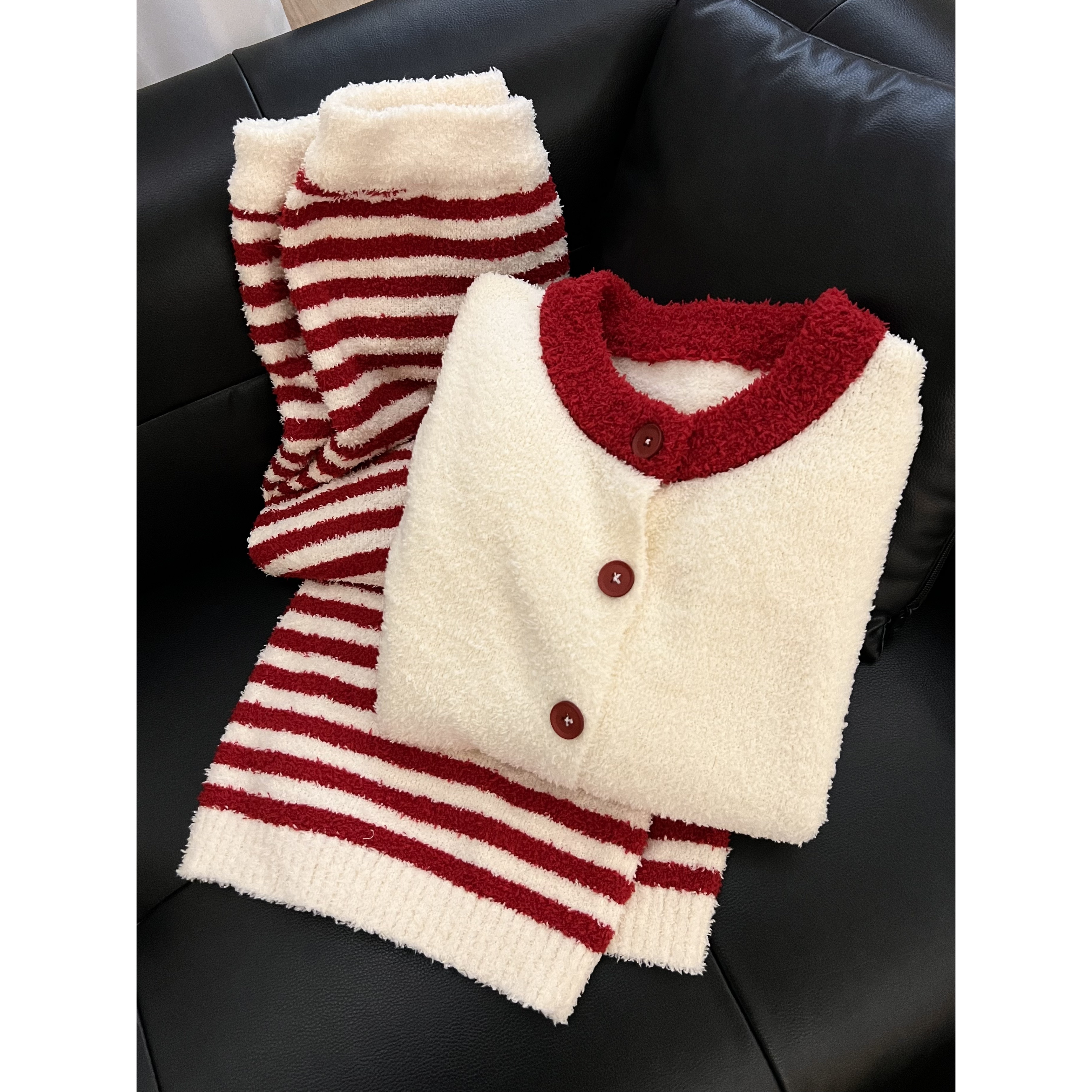 甜美软糯糯半边绒撞色条纹睡衣女冬新款长袖长裤套装家居服可外穿