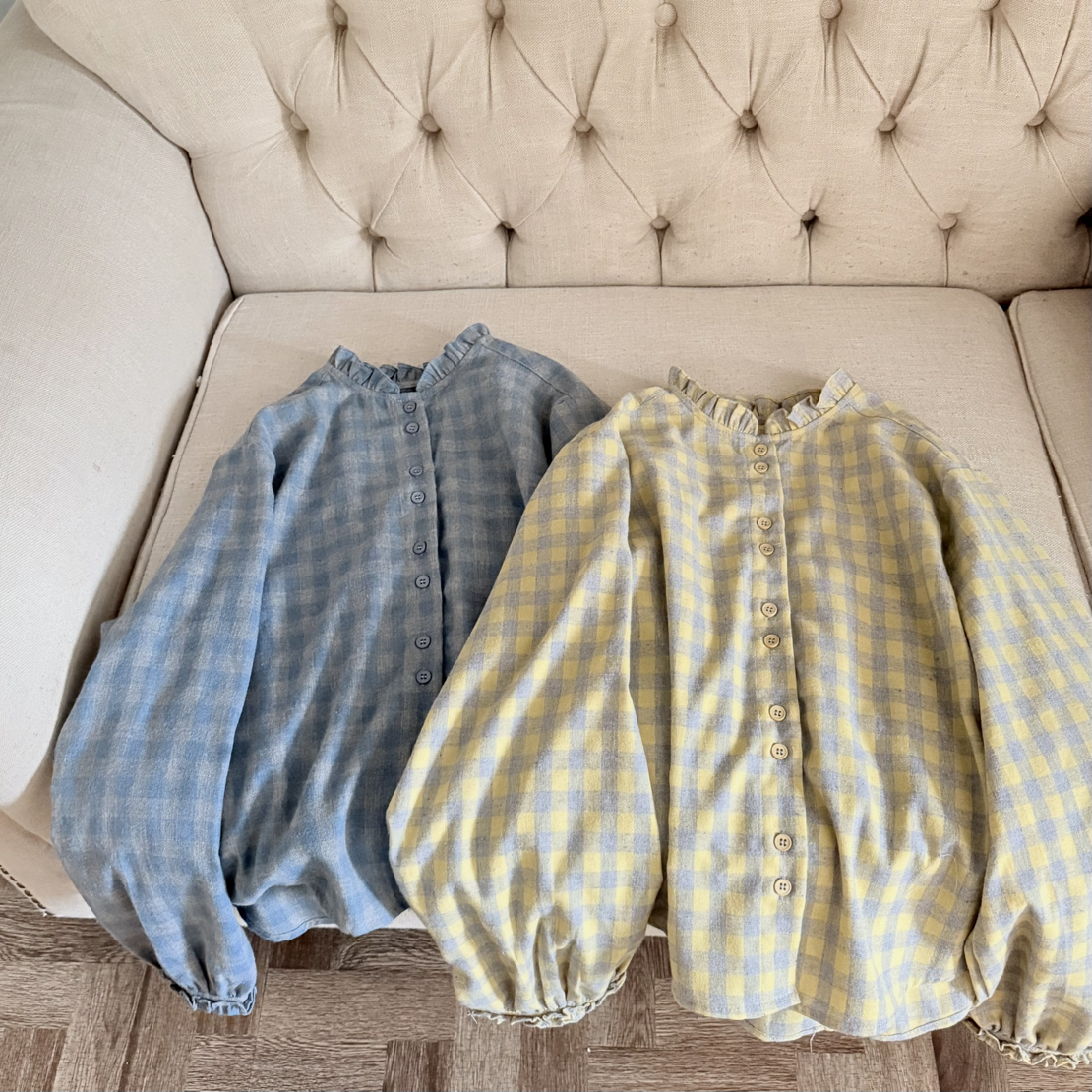 【安静】雾霾蓝灰格复古木耳领格纹少女感磨毛衬衣宽松