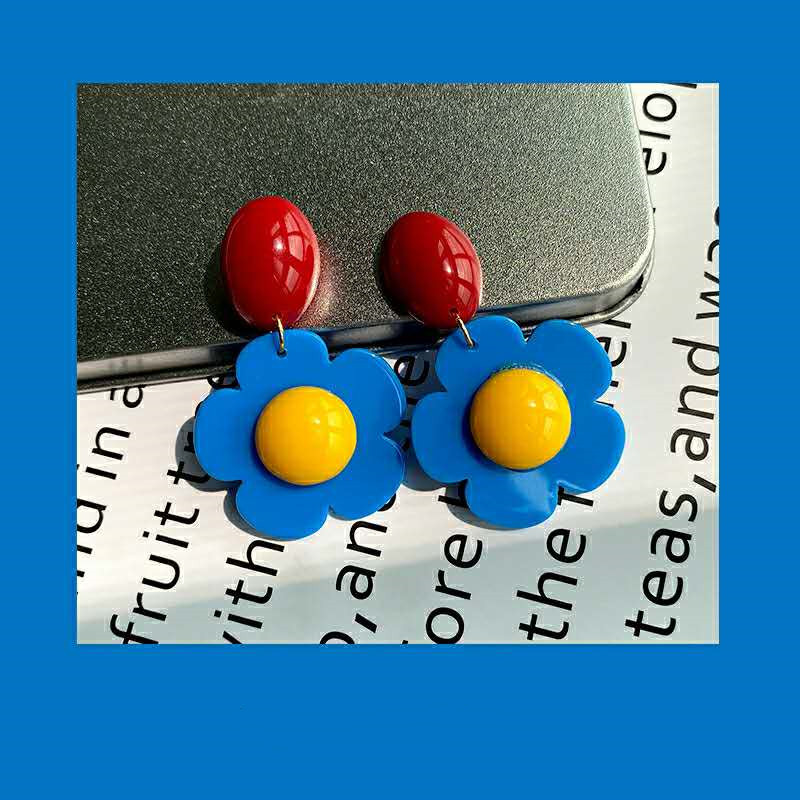 铜合金树脂耳饰 复古花朵耳钉红蓝黄撞色气质氛围感耳环甜美耳夹