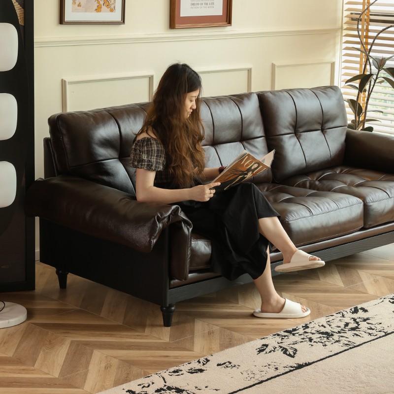 高级感美式中古风复古真皮沙发客厅2025新款实木法式复古沙发家用