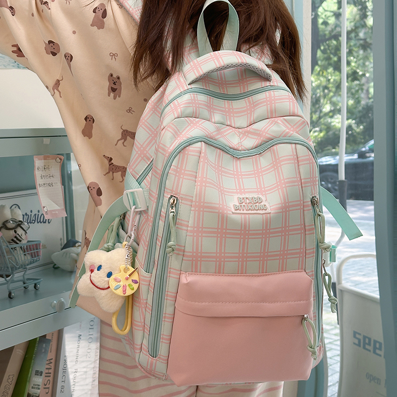 书包女小学生韩版森系格子印花减负背包初中生高中生大容量双肩包