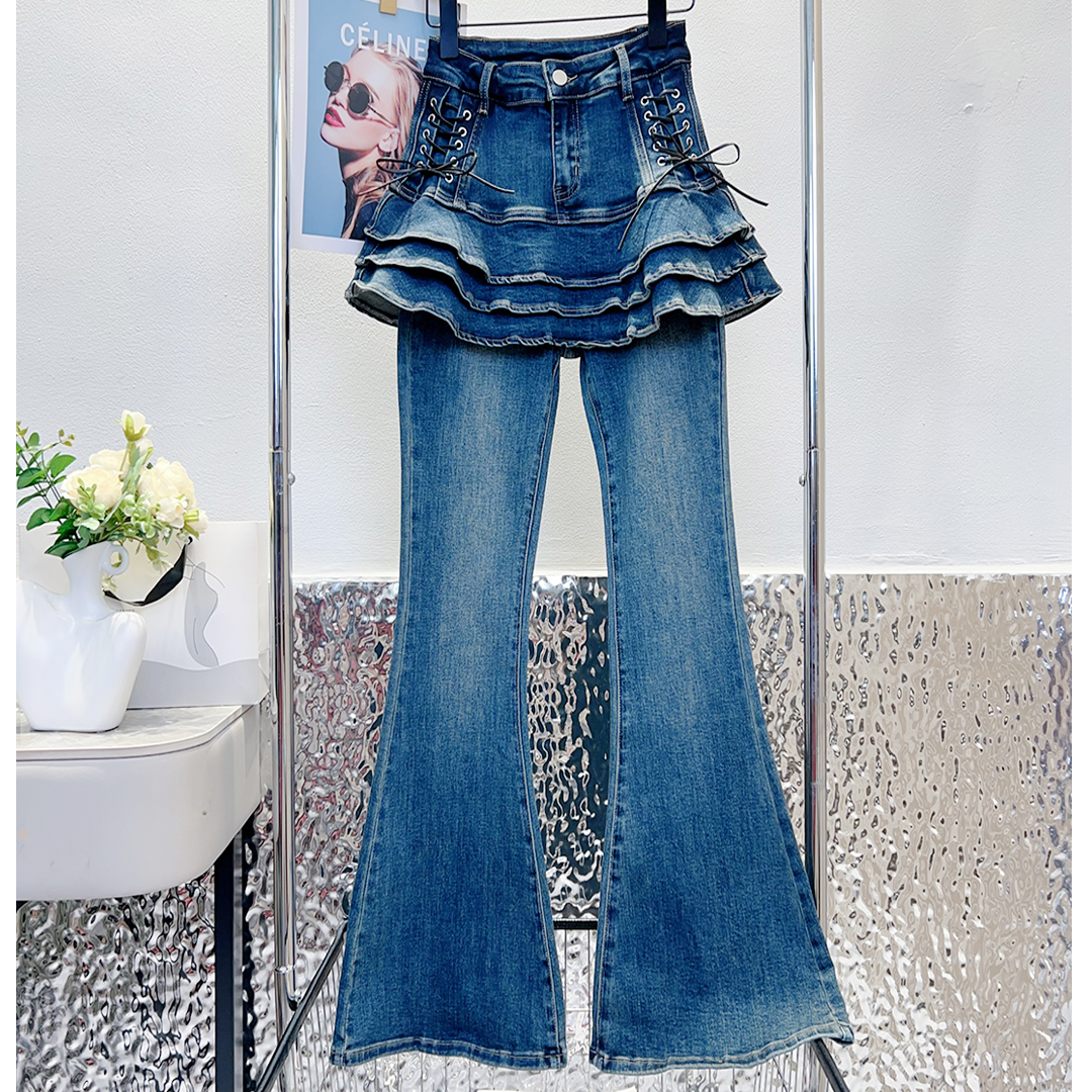 秋冬新款设计感美式风层层裙摆假两件显瘦高腰微喇牛仔裤  #8177