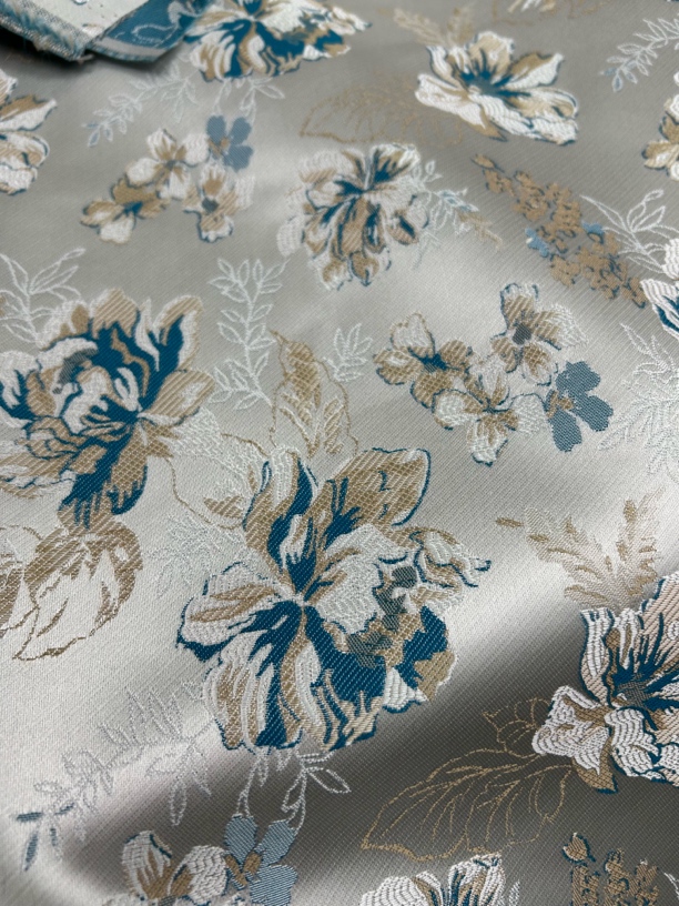 新款蓝色海棠花开高支高密织锦缎春秋面料