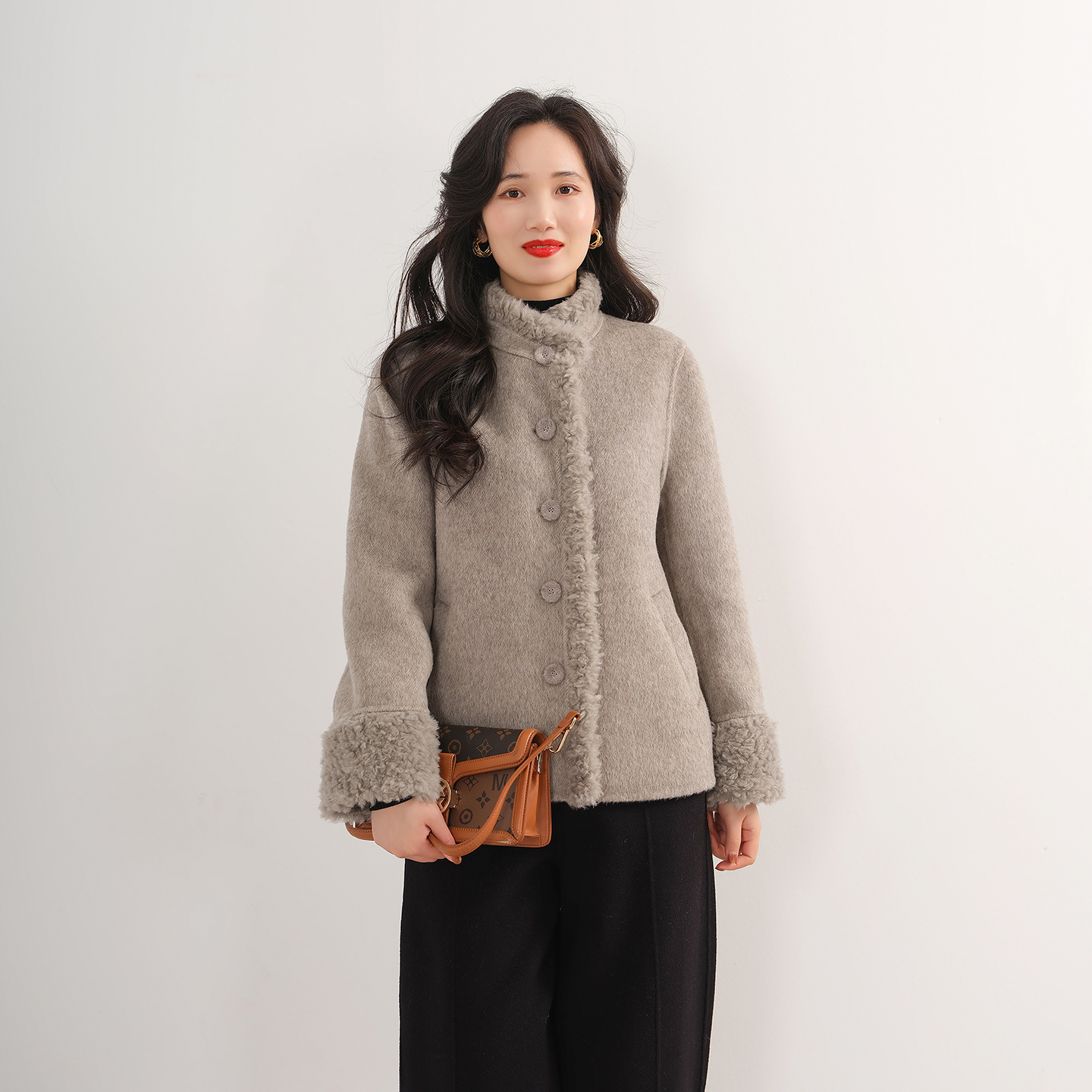 EKNR100%羊毛冬季小立领双面呢大衣拼接羊羔毛百搭加厚羊毛大衣女