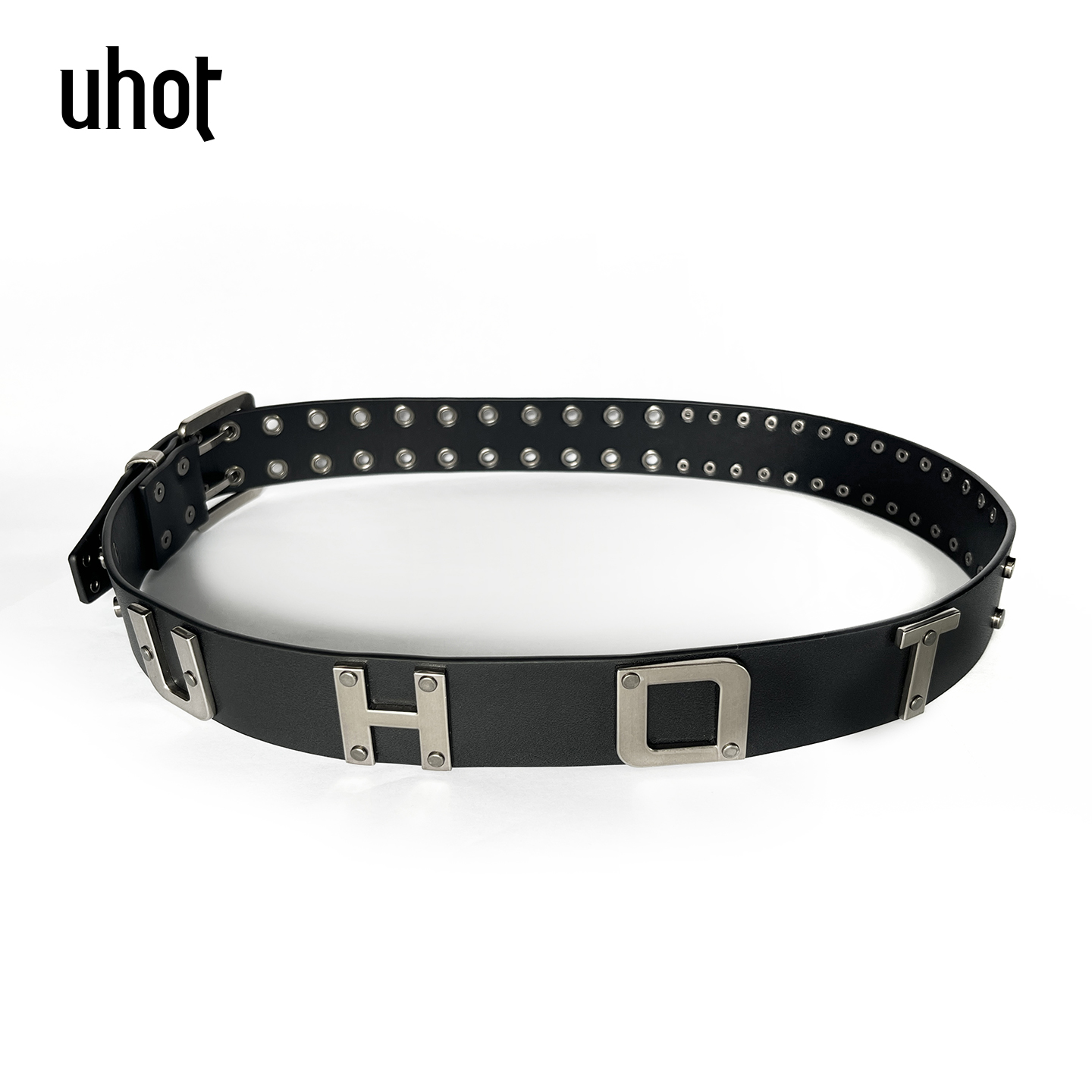 UHOT 黑色牛皮重工字母铆钉腰带复古个性高级百搭时尚 UWWR2P664M