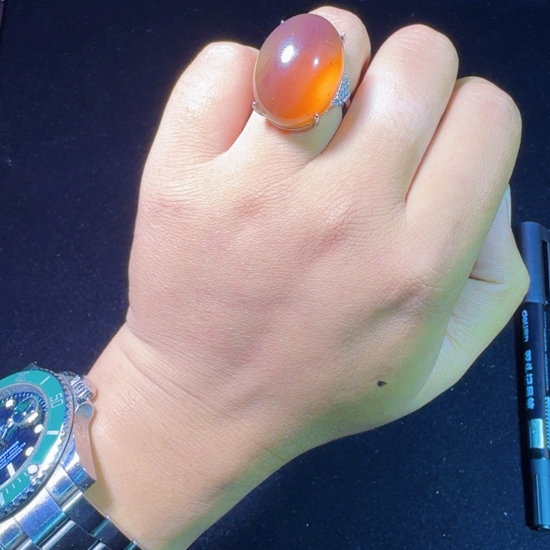 琥珀银S925镶嵌裸石戒指