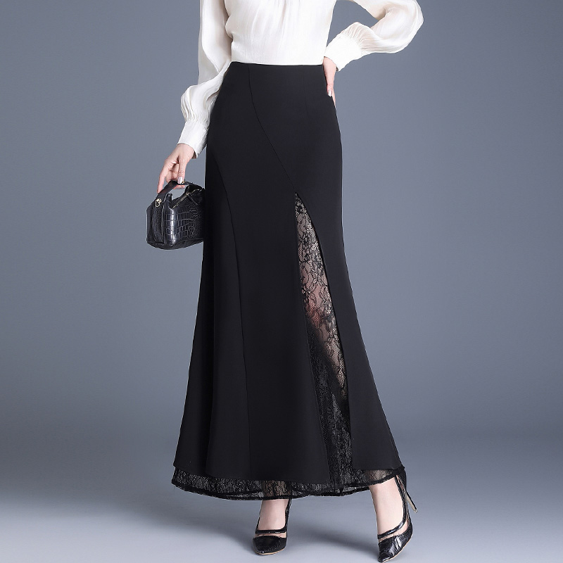 鱼尾长裙半身裙女2025春夏新款显瘦中长款蕾丝拼接开叉直筒裙