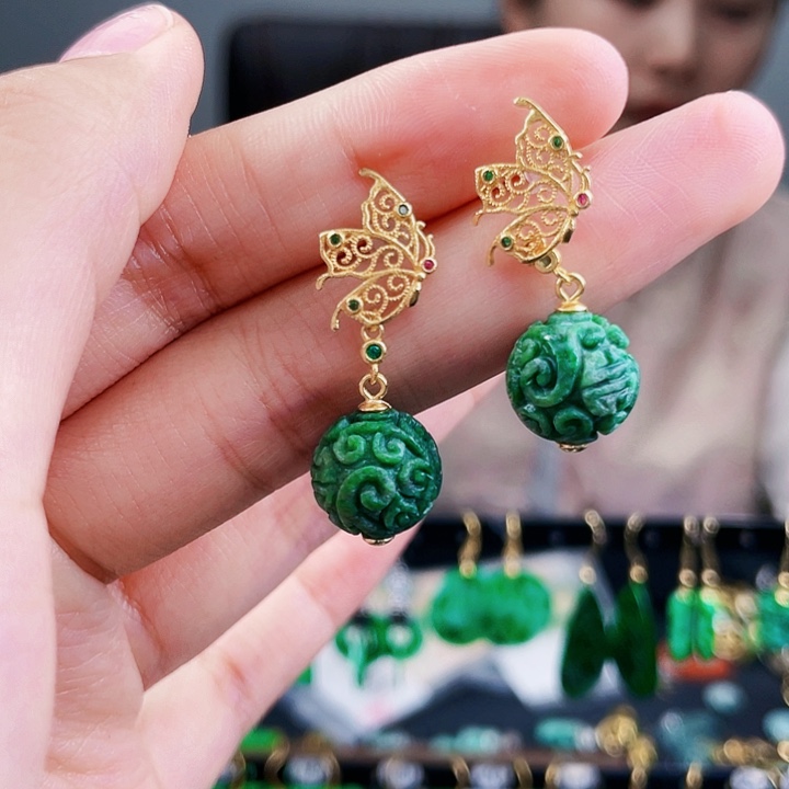 翡翠耳饰银S925镶嵌饰品